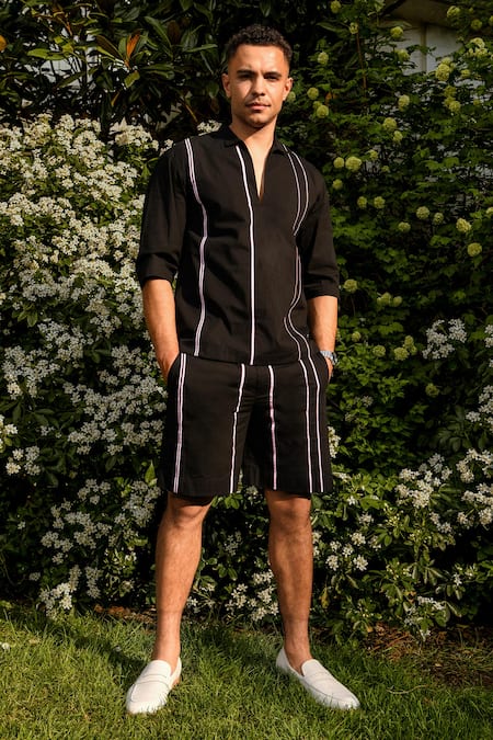 Therealb Black Cotton Designer Shirt And Shorts Set 