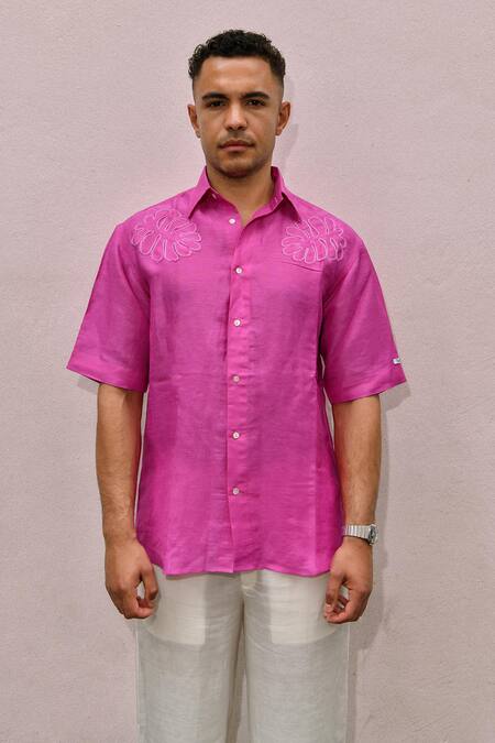 Shop Therealb Pink Cotton Embroidery Designer Shirt Online at Aza Fashions Shop_Therealb_Pink Cotton Embroidery Designer Shirt _Online_at_Aza_Fashions