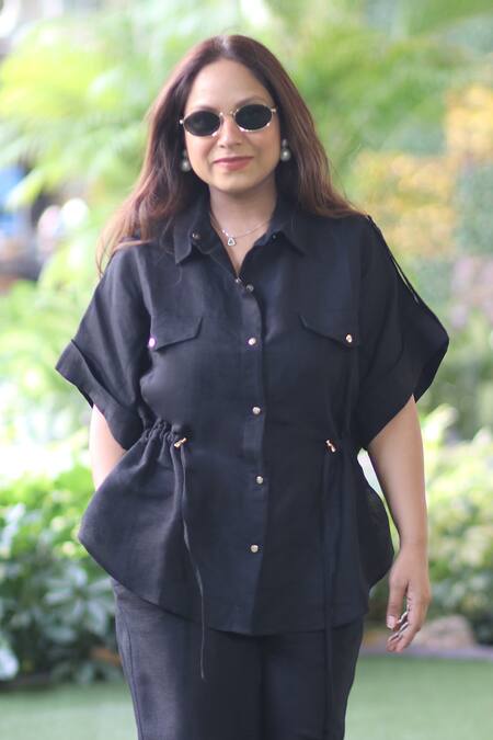 Ekavira_Black Linen Collared Shirt And Pant Set _Online_at_Aza_Fashions