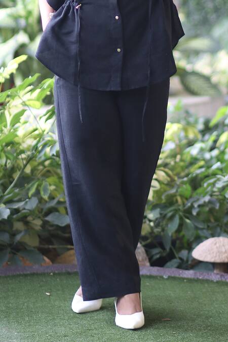 Shop_Ekavira_Black Linen Collared Shirt And Pant Set _Online_at_Aza_Fashions