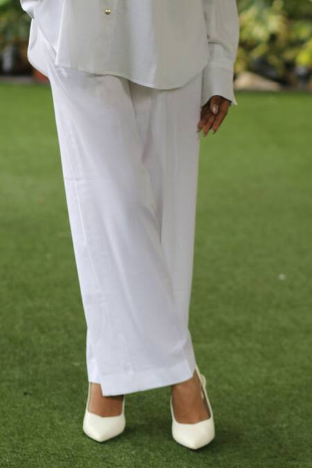 Ekavira_White Linen Collared Shirt And Pant Set _Online_at_Aza_Fashions