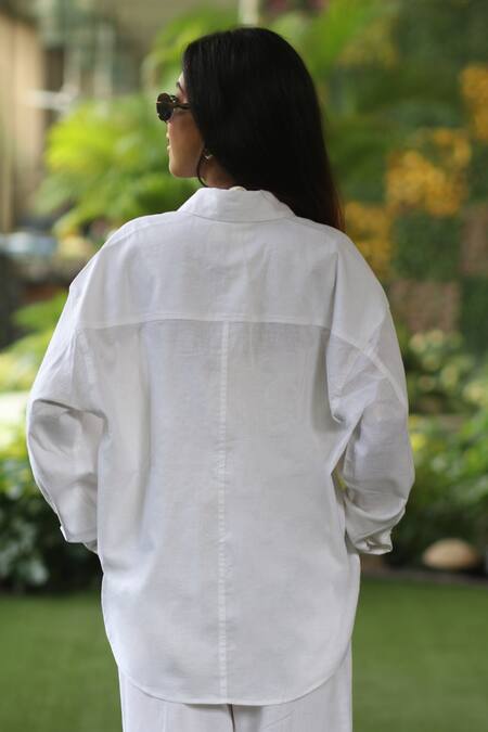 Buy_Ekavira_White Linen Collared Shirt And Pant Set _Online_at_Aza_Fashions