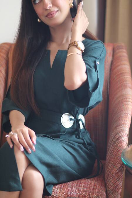 Shop_Ekavira_Green Linen V-neck Bottle Top And Skirt Set _Online_at_Aza_Fashions