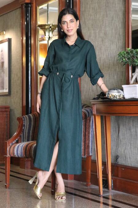 Shop_Ekavira_Green Linen Collared Bottle Dress _Online_at_Aza_Fashions
