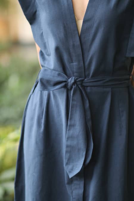 Ekavira_Blue Linen V-neck Dark Dress _Online_at_Aza_Fashions
