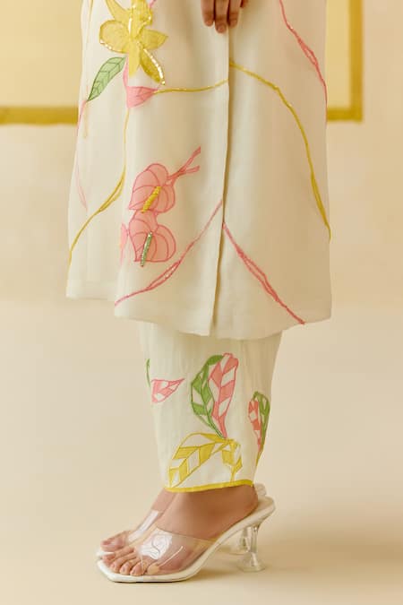 I Am Design_Ivory Silk Organza Applique, Embroidery Round Neck Work Suit Set _Online_at_Aza_Fashions