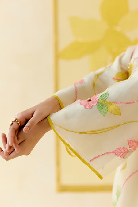 Buy_I Am Design_Ivory Silk Organza Applique, Embroidery Round Neck Work Suit Set _Online_at_Aza_Fashions