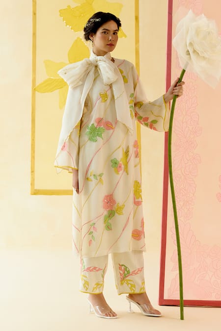 I AM Design Ivory Silk Organza Applique, Embroidery Round Neck Work Suit Set 
