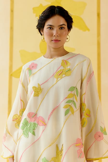 Shop_I Am Design_Ivory Silk Organza Applique, Embroidery Round Neck Work Suit Set _Online_at_Aza_Fashions