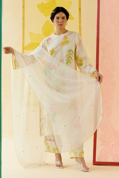 I Am Design_Ivory Silk Organza Applique, Embroidery Round Neck Work Suit Set _at_Aza_Fashions