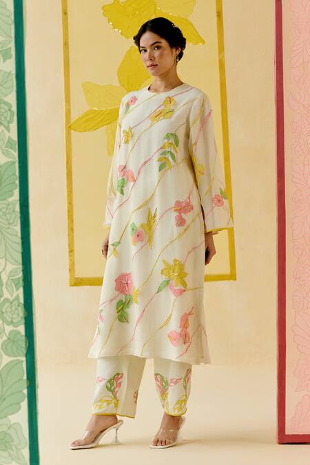 Shop_I Am Design_Ivory Silk Organza Applique, Embroidery Round Neck Work Suit Set 