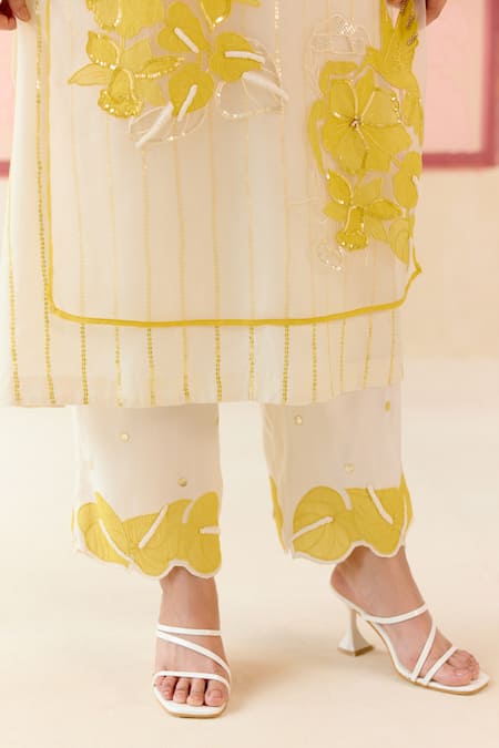 I Am Design_Ivory Silk Organza Applique, Embroidery Round Neck Suit Set With Mustard Work _Online_at_Aza_Fashions