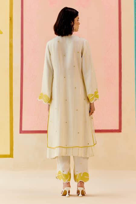 I Am Design Ivory Suit Set with Mustard Applique Work 