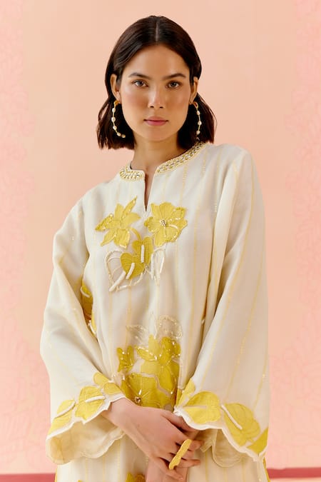 Shop_I Am Design_Ivory Silk Organza Applique, Embroidery Round Neck Suit Set With Mustard Work _Online_at_Aza_Fashions