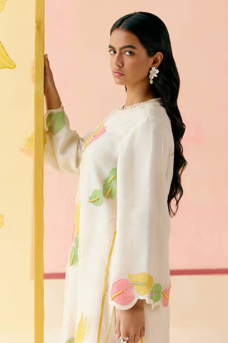 I Am Design_Ivory Silk Organza Applique, Embroidery Round Neck Work Suit Set _Online_at_Aza_Fashions