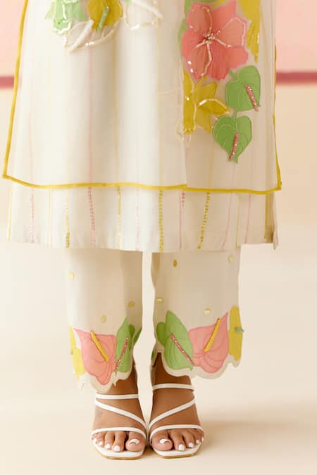 Shop_I Am Design_Ivory Silk Organza Applique, Embroidery Round Neck Work Suit Set _Online_at_Aza_Fashions