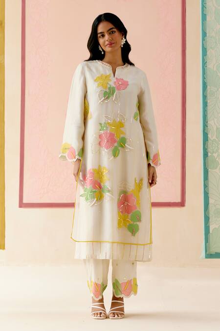 I Am Design_Ivory Silk Organza Applique, Embroidery Round Neck Work Suit Set _at_Aza_Fashions