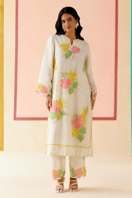 I AM Design Ivory Silk Organza Applique, Embroidery Round Neck Work Suit Set 