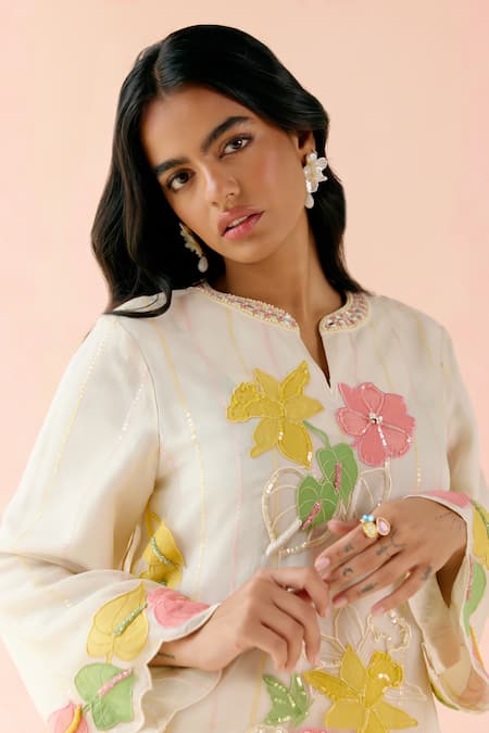 Shop_I Am Design_Ivory Silk Organza Applique, Embroidery Round Neck Work Suit Set 