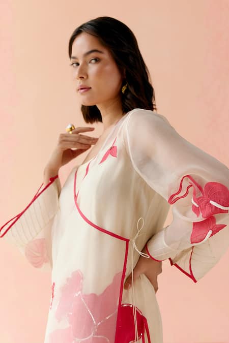 Shop_I Am Design_Ivory Silk Organza Applique Round Neck Suit Set With Red Pink Work _Online_at_Aza_Fashions