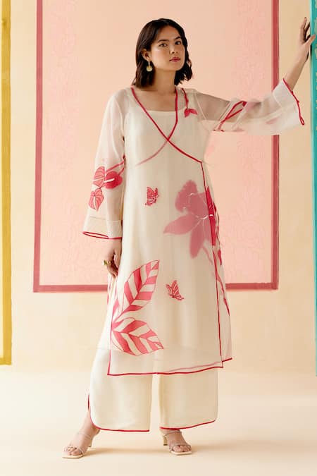 I Am Design Ivory Suit Set with Red Pink Applique Work 