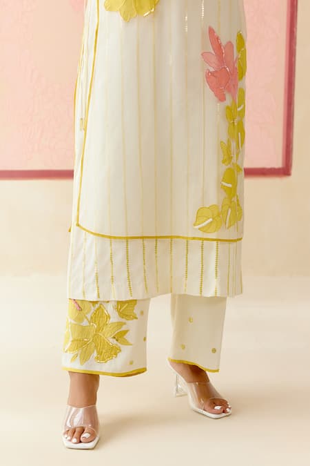 I Am Design_Ivory Silk Organza Applique Round Neck Work Suit Set _Online_at_Aza_Fashions