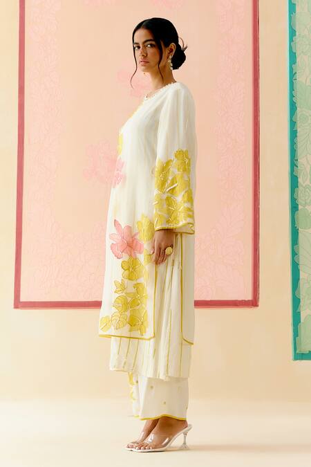 Shop_I Am Design_Ivory Silk Organza Applique Round Neck Work Suit Set _Online_at_Aza_Fashions