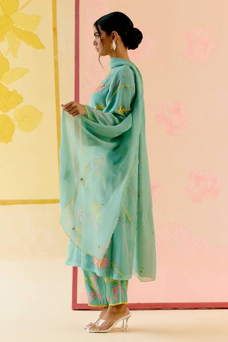 I Am Design_Mint Silk Organza Applique, Embroidery Round Neck Suit Set With Colorful Work _Online_at_Aza_Fashions