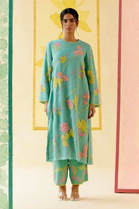 I AM Design Mint Silk Organza Applique, Embroidery Round Neck Suit Set With Colorful Work 