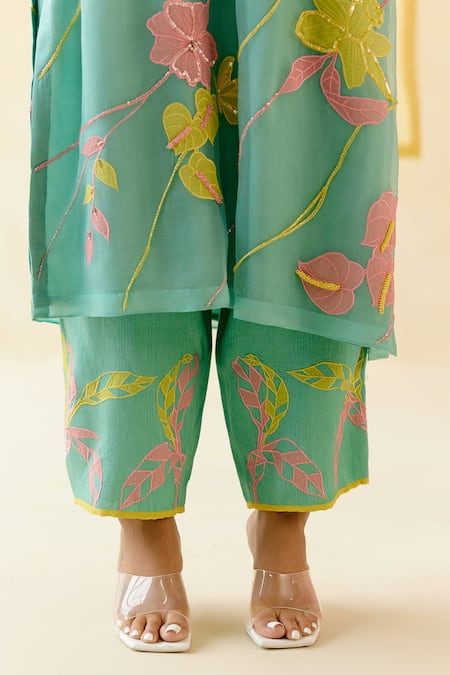 Buy_I Am Design_Mint Silk Organza Applique, Embroidery Round Neck Suit Set With Colorful Work _Online_at_Aza_Fashions