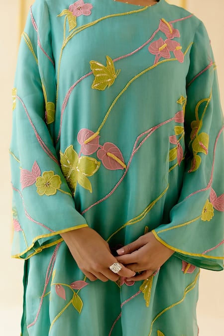 Shop_I Am Design_Mint Silk Organza Applique, Embroidery Round Neck Suit Set With Colorful Work _Online_at_Aza_Fashions