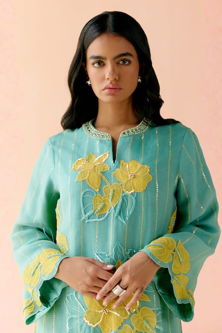 I Am Design_Mint Silk Organza Applique, Embroidery Round Neck Suit Set With Mustard Work _Online_at_Aza_Fashions
