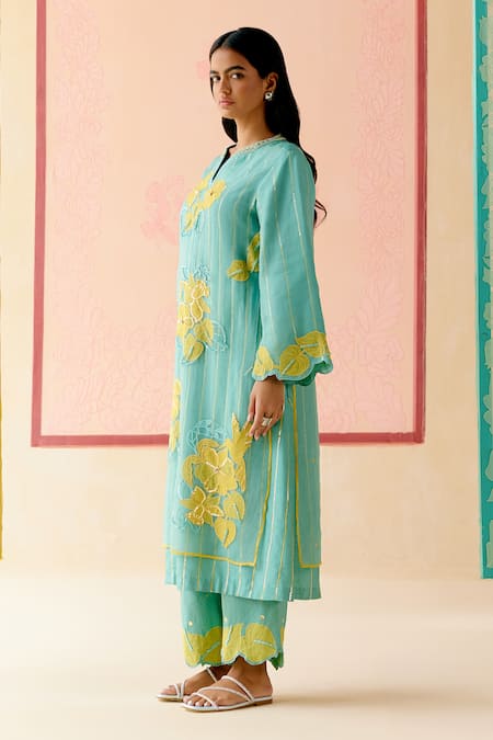 I Am Design_Mint Silk Organza Applique, Embroidery Round Neck Suit Set With Mustard Work _at_Aza_Fashions