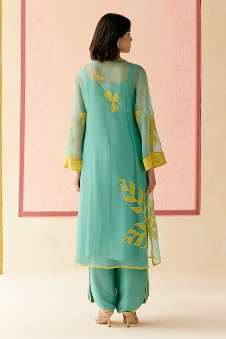 I Am Design Mint Suit Set with Mustard Applique Work 