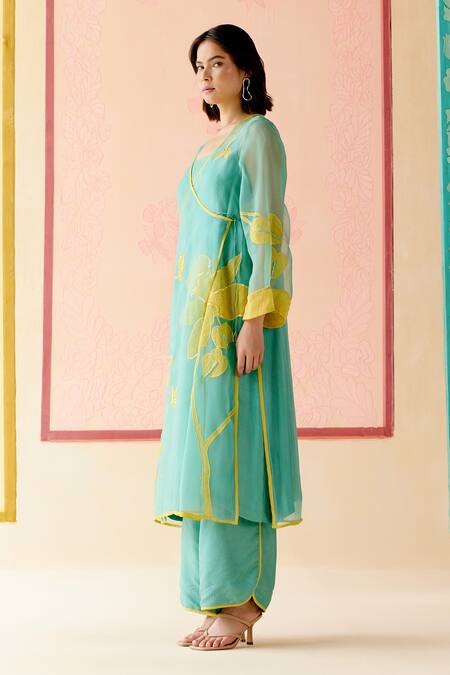Buy_I Am Design_Mint Silk Organza Applique V-neck Suit Set With Mustard Work _Online_at_Aza_Fashions