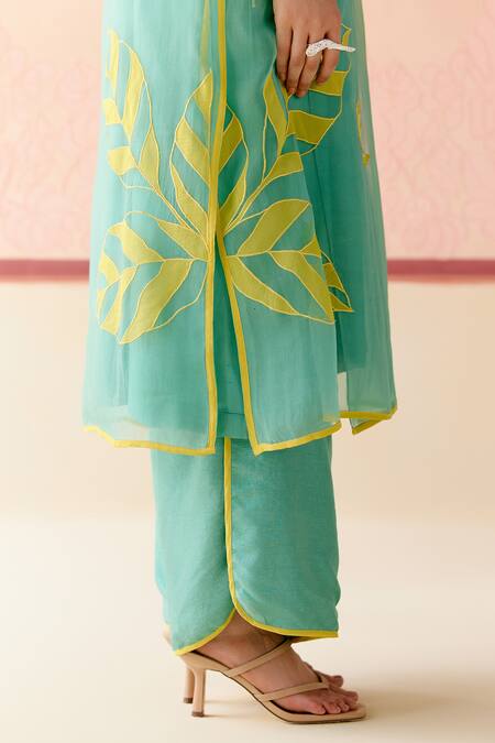 Shop_I Am Design_Mint Silk Organza Applique V-neck Suit Set With Mustard Work _Online_at_Aza_Fashions