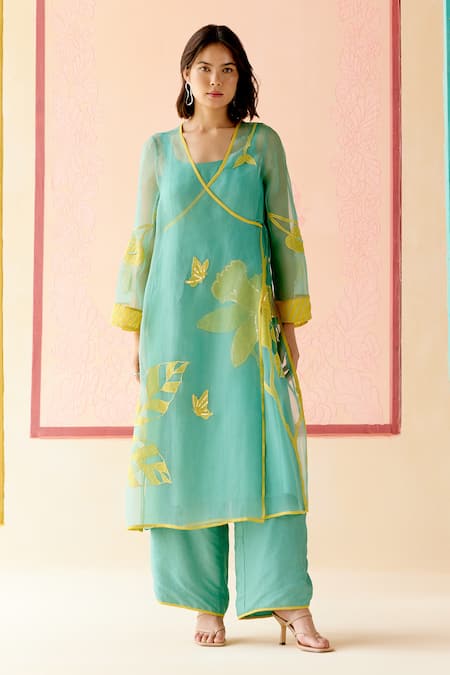 I AM Design Mint Suit Set with Mustard Applique Work 