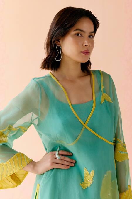 I Am Design_Mint Silk Organza Applique V-neck Suit Set With Mustard Work _at_Aza_Fashions