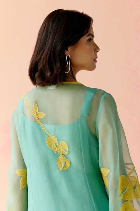 Buy_I Am Design_Mint Silk Organza Applique V-neck Suit Set With Mustard Work 