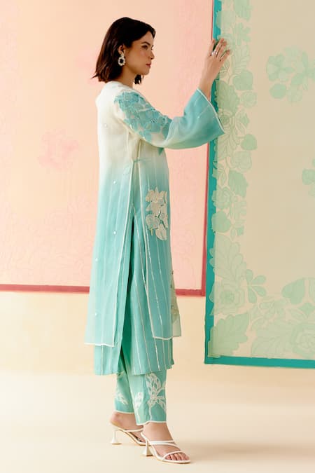 Buy_I Am Design_Mint Silk Organza Applique, Embroidery Round Neck Ombre Suit Set _Online_at_Aza_Fashions