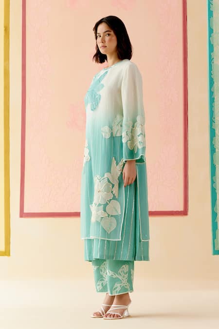 Shop_I Am Design_Mint Silk Organza Applique, Embroidery Round Neck Ombre Suit Set _Online_at_Aza_Fashions