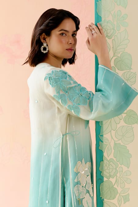 I Am Design_Mint Silk Organza Applique, Embroidery Round Neck Ombre Suit Set _at_Aza_Fashions