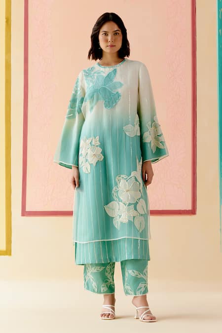 I AM Design Mint Silk Organza Applique, Embroidery Round Neck Ombre Suit Set 