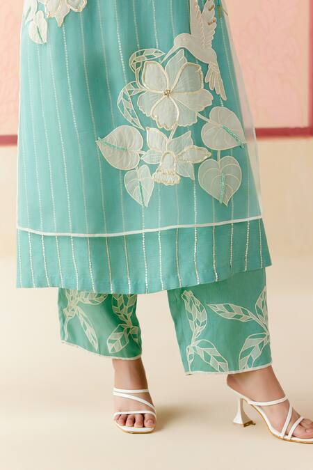 Shop_I Am Design_Mint Silk Organza Applique, Embroidery Round Neck Ombre Suit Set 