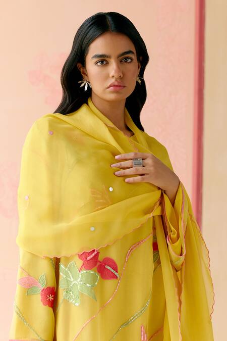 I Am Design_Mustard Silk Organza Applique, Embroidery Round Neck Work Suit Set _Online_at_Aza_Fashions