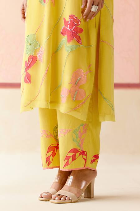 Buy_I Am Design_Mustard Silk Organza Applique, Embroidery Round Neck Work Suit Set _Online_at_Aza_Fashions