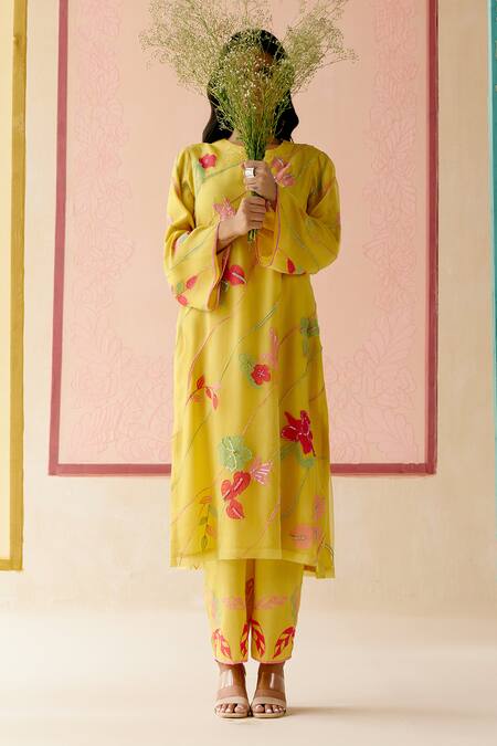 Shop_I Am Design_Mustard Silk Organza Applique, Embroidery Round Neck Work Suit Set _Online_at_Aza_Fashions