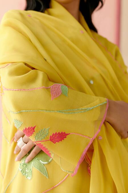 I Am Design_Mustard Silk Organza Applique, Embroidery Round Neck Work Suit Set _at_Aza_Fashions