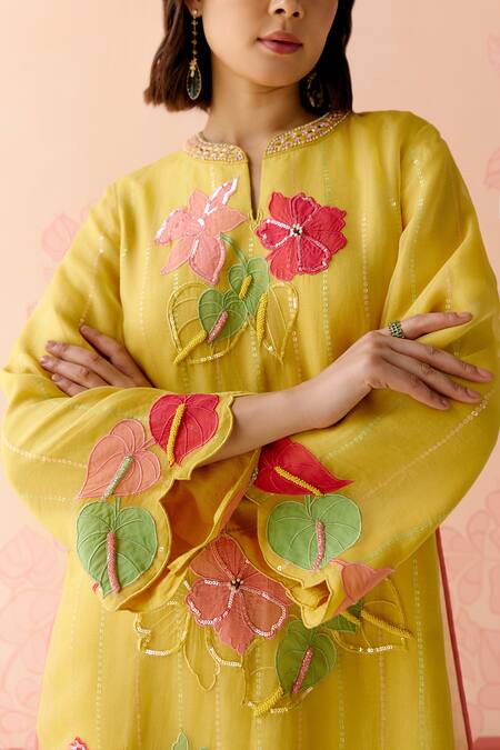 Buy_I Am Design_Mustard Silk Organza Applique, Embroidery Round Neck Work Suit Set 