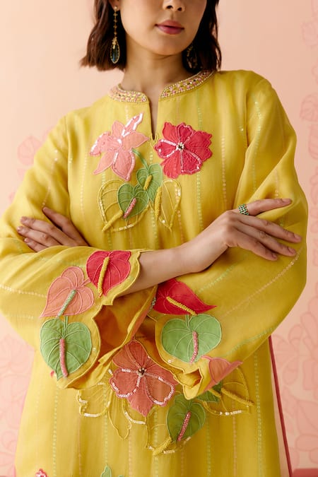 I Am Design_Mustard Silk Organza Applique, Embroidery Round Neck Suit Set With Work _Online_at_Aza_Fashions